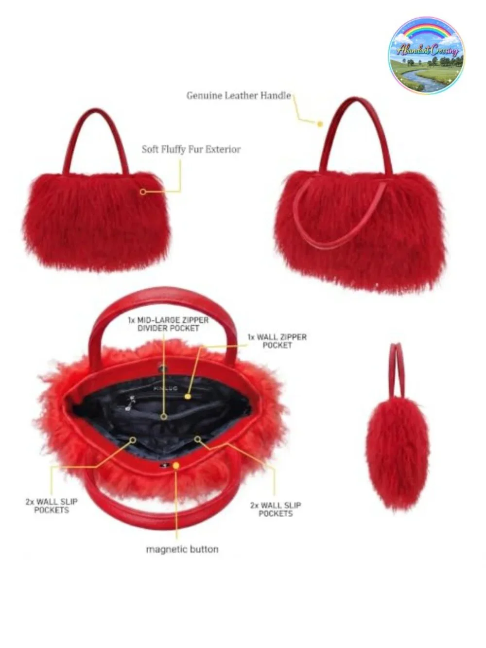 Genuine Leather Handles Real Lamb Fur Hobo Tote Handbag